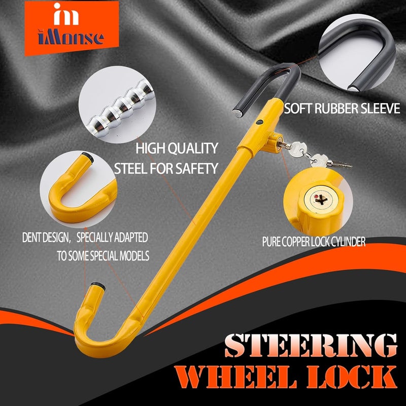 iMonse Steering Wheel Lock Anti-Theft Car Device, Steering Wheel Pedal Brake Lock Retractable Hook Car Security Products Universal Fit(Yellow) - Image 2